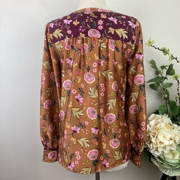 LOFT Blouse | Mixed Print Henley Blouse | Small S | Office Casual | Amber - Picture 8 of 12